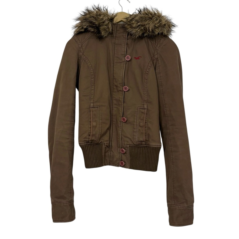 Hollister Tan Bomber Jacket with Fur Hood